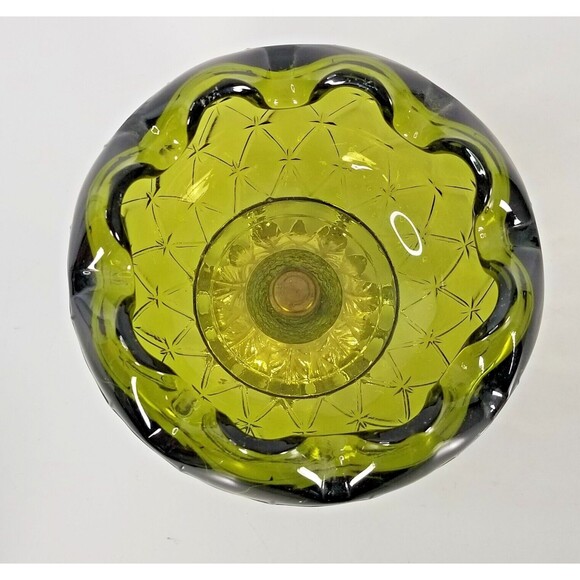 VTG Indiana Glass Avocado Green Crimped Edge Diamond Duette Bowl MCM Pineapple - Picture 5 of 9